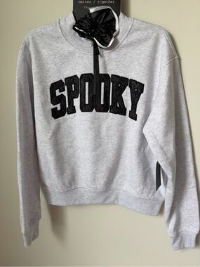 Gray Black SPOOKY lace Embroidered mock neck Sweatshirt with scrunchie